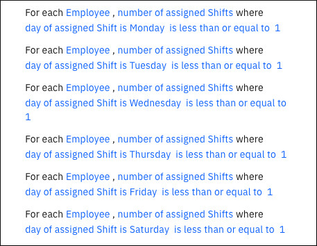 Several constraints, one for each day, to formulate only one shift per employee per day