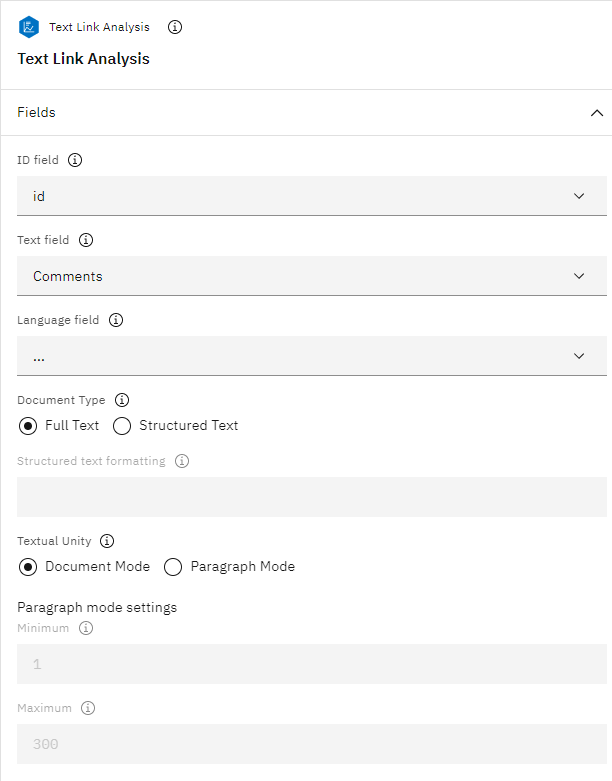 Text Link Analysis node FIELD properties. It shows field settings like the ID field, Text field, Language field, Document Type, Textual Unity and Paragraph mode settings.