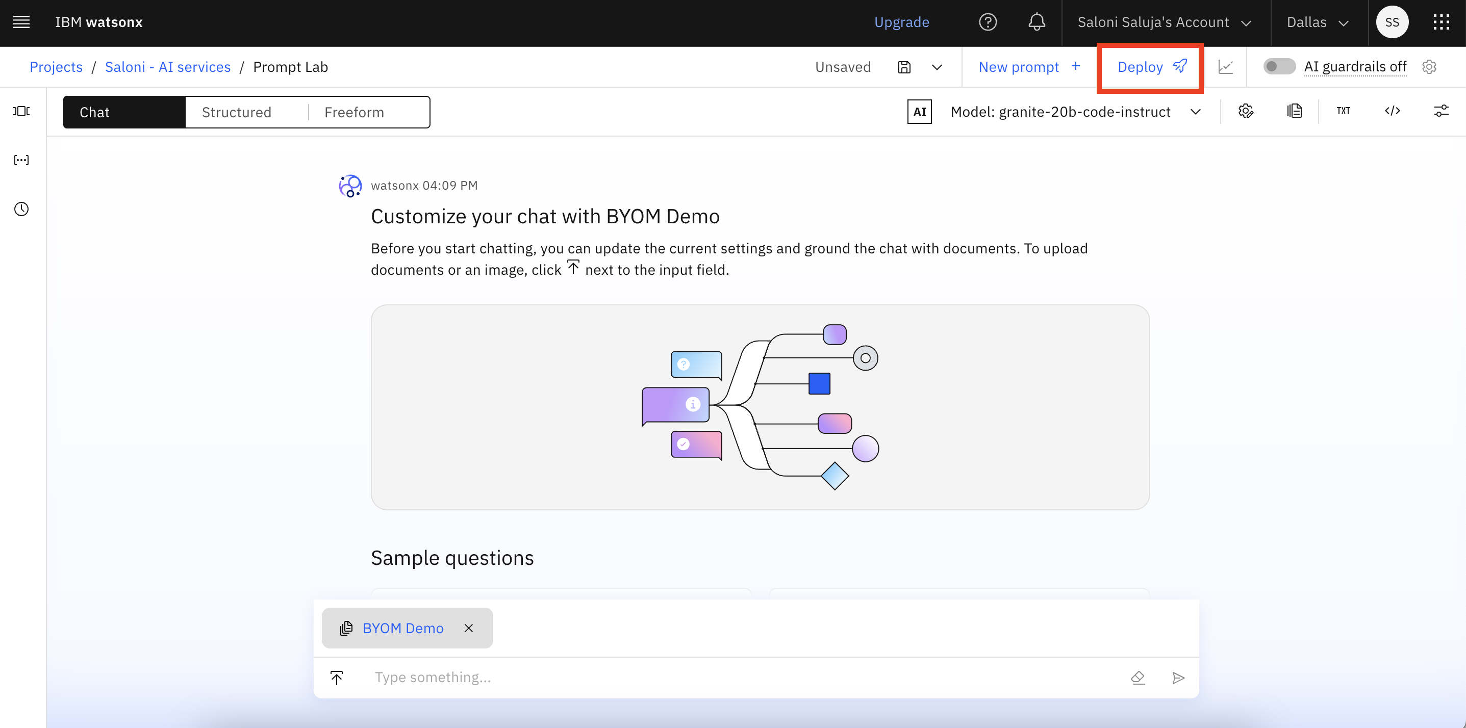 Screenshot shows how to deploy AI services from the Prompt Lab with fast path