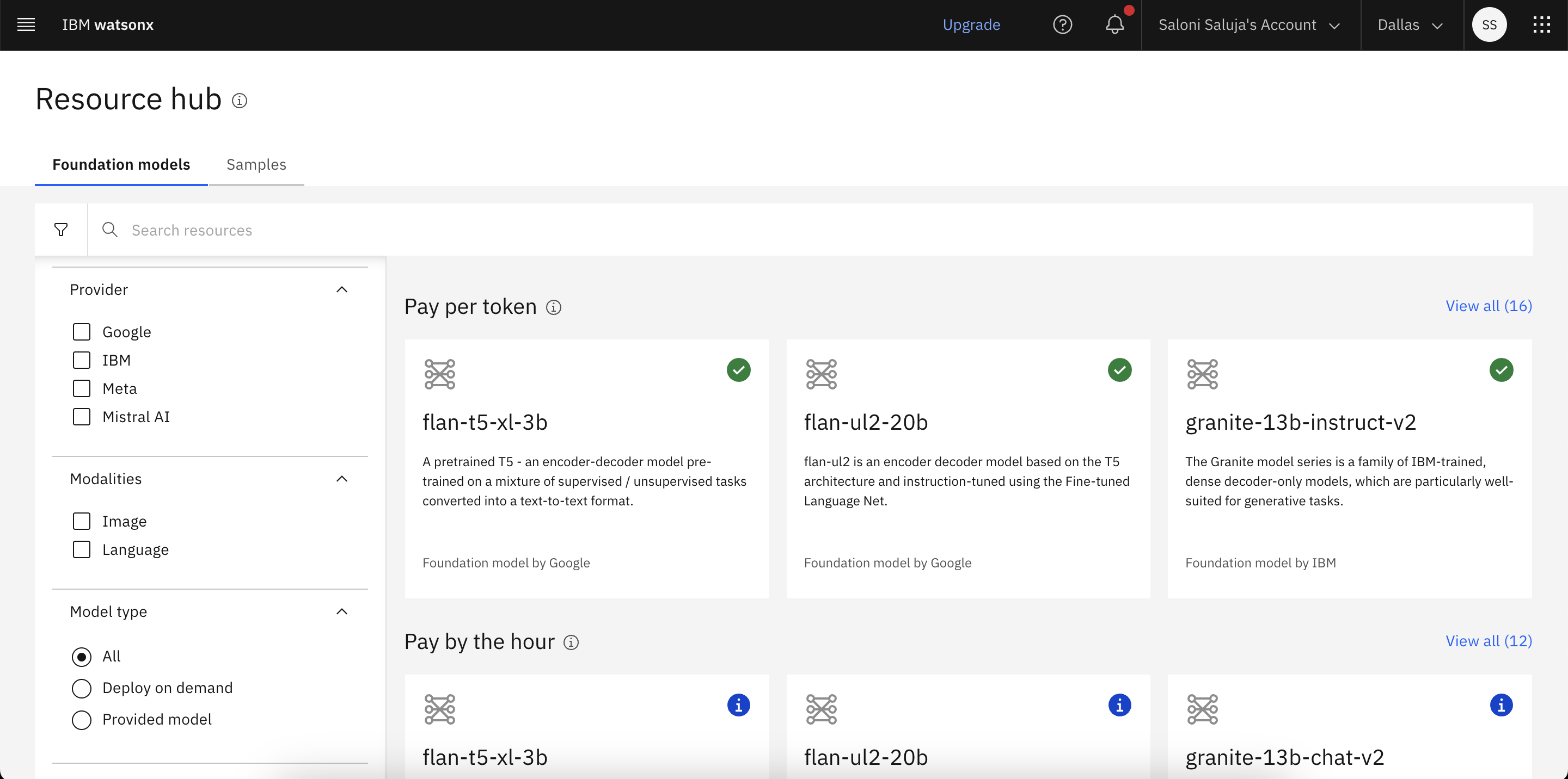 Screenshot showing the list of foundation models available for on-demand deployment in the Resource hub