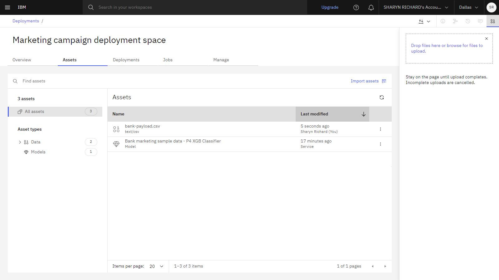 Assets tab in the deployment space