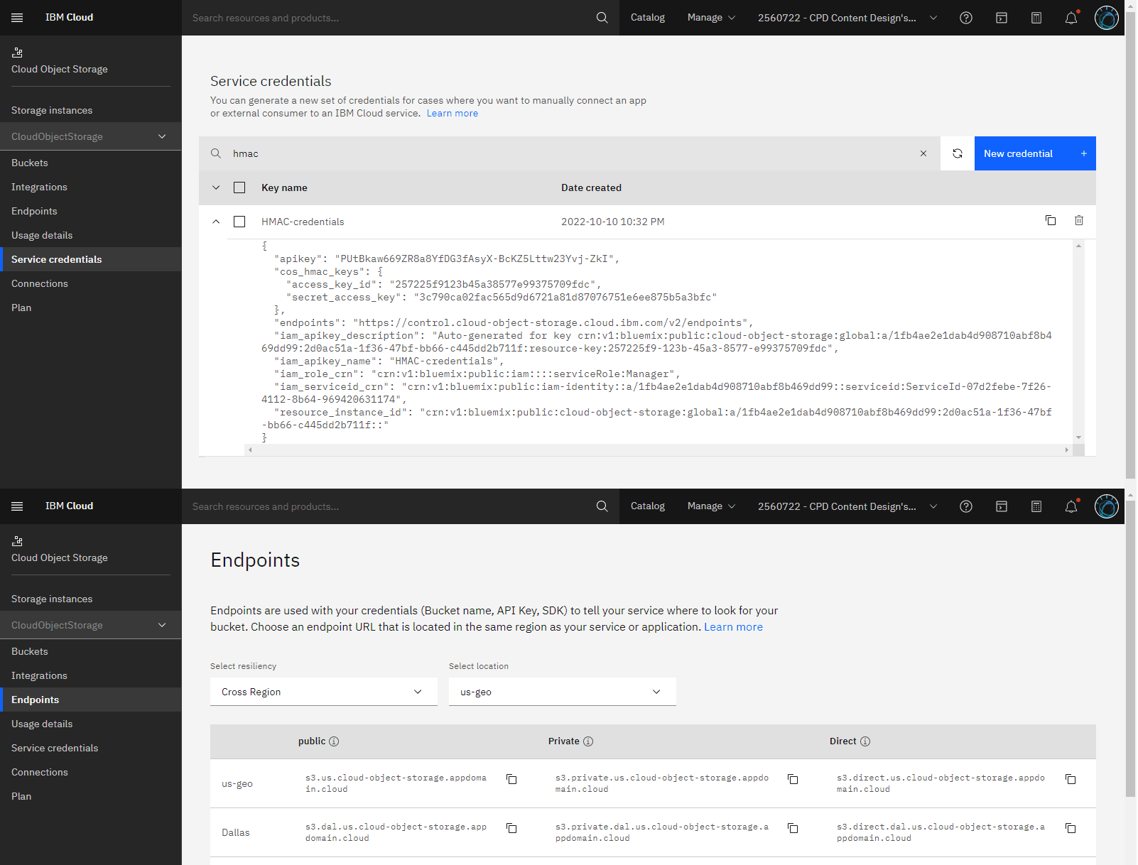 The following image shows the Cloud Object Storage HMAC credentials and endpoints.