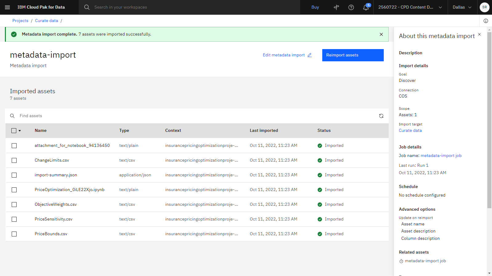 The following image shows the results of the metadata import.