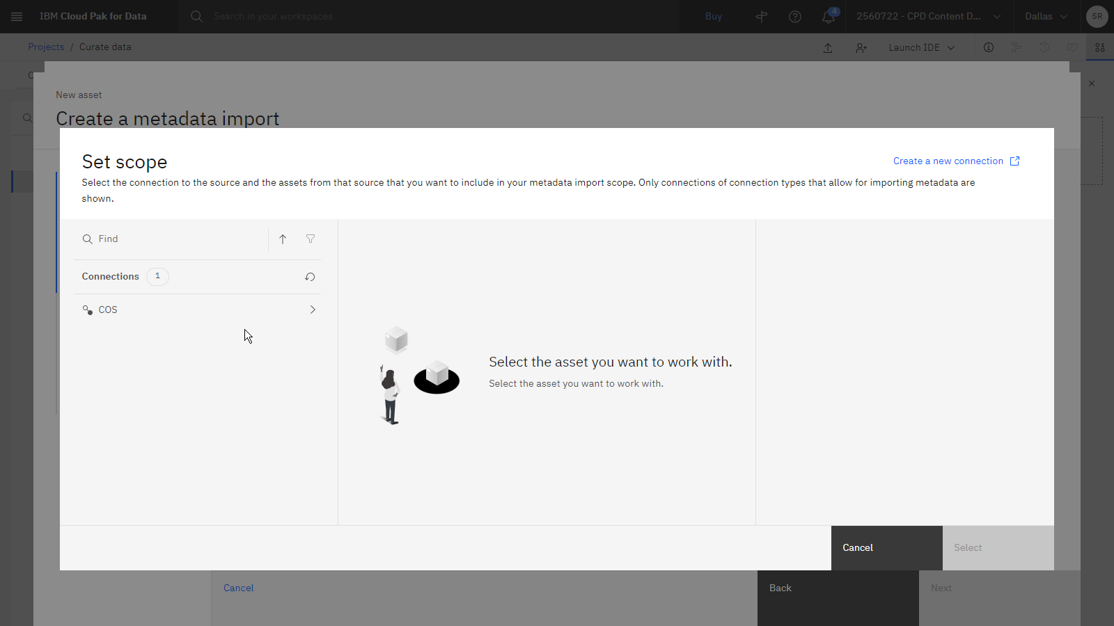 The following image shows the *Set scope* window with the Cloud Object Storage connection listed.