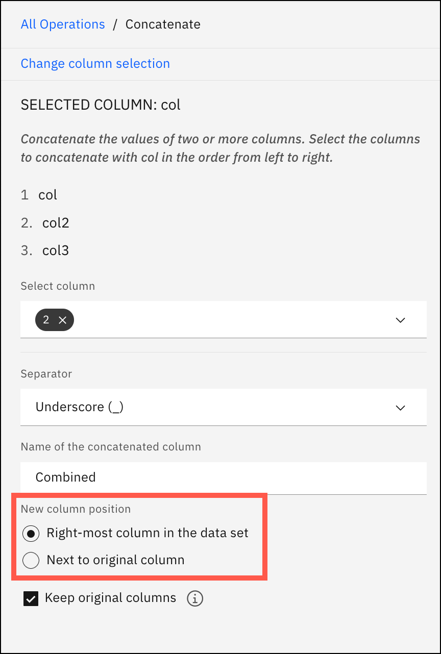 Concatenate operation column position