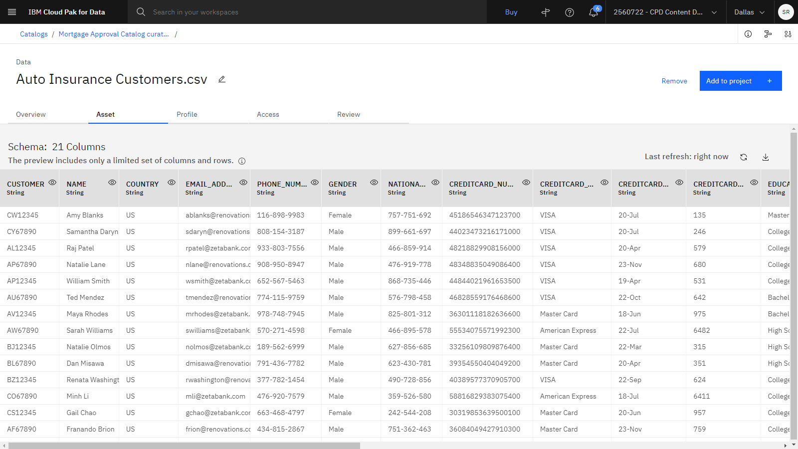 The following image shows the AutoInsuranceCustomers.csv file in the catalog.