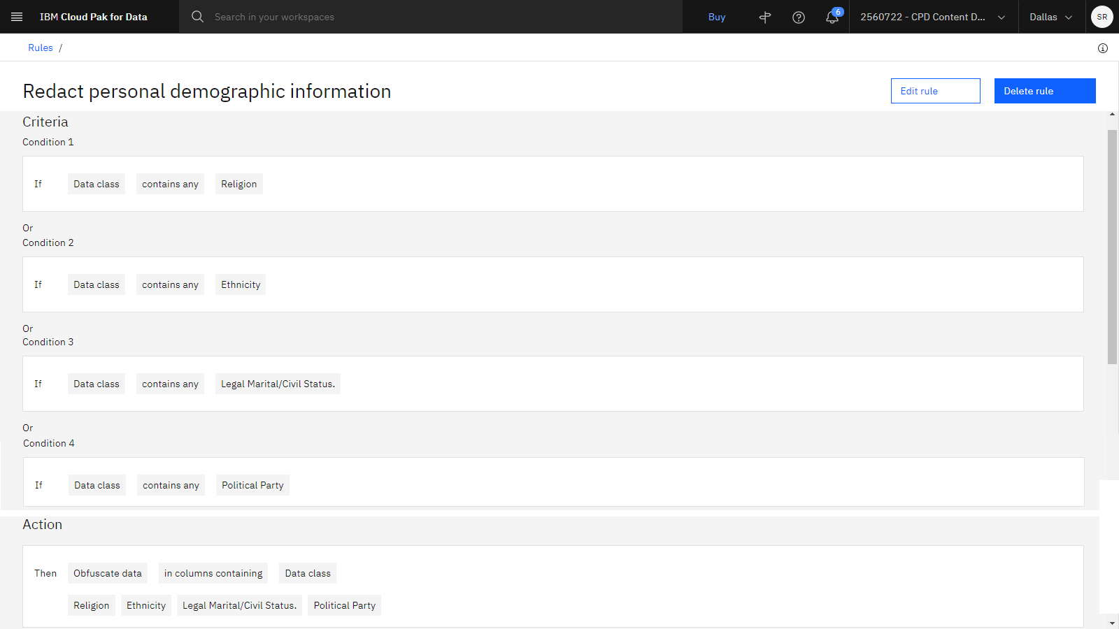 The following image shows the redact data protection rule.