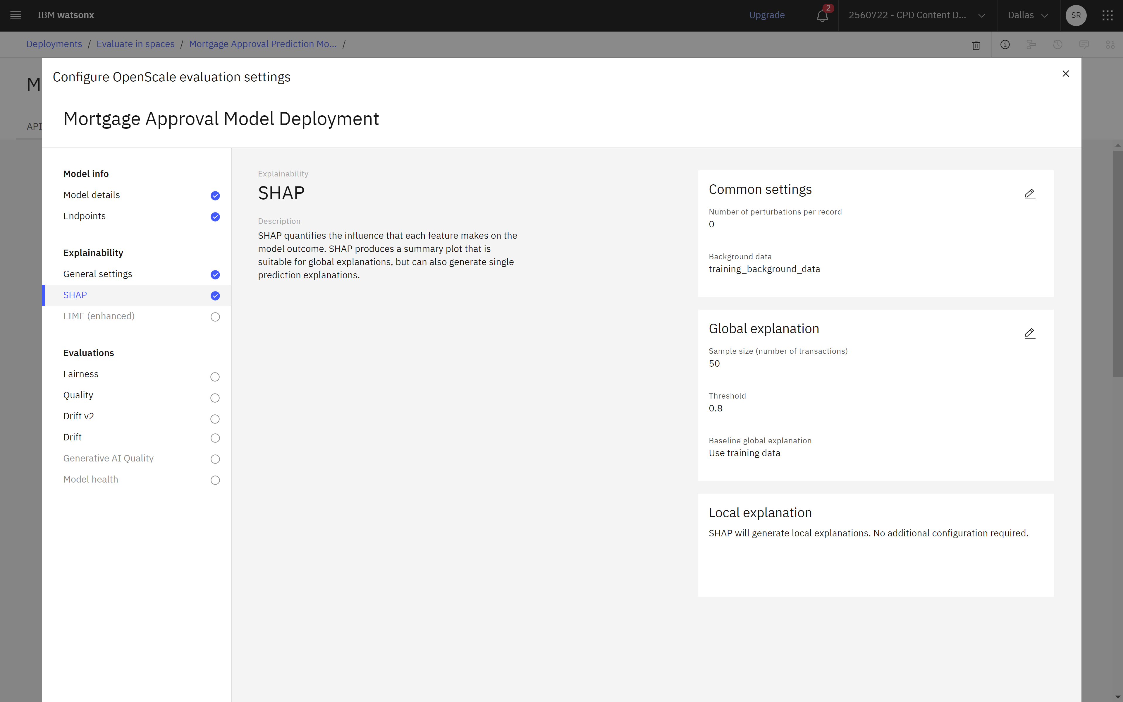 The following image shows the completed explainability configuration.