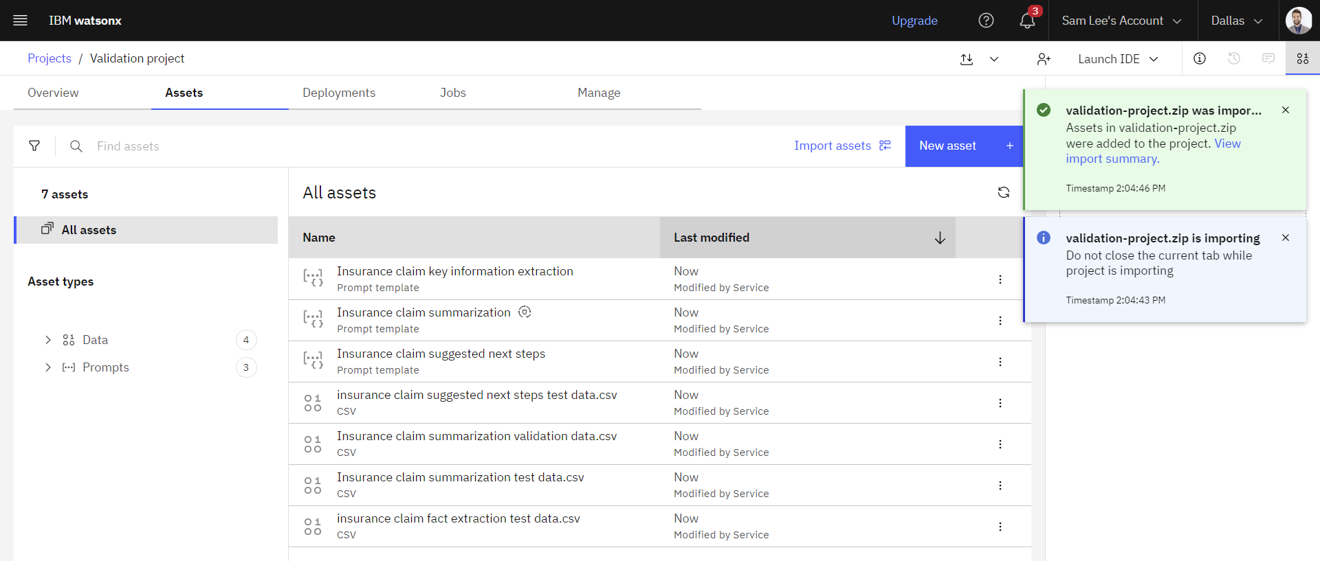 Validation project assets