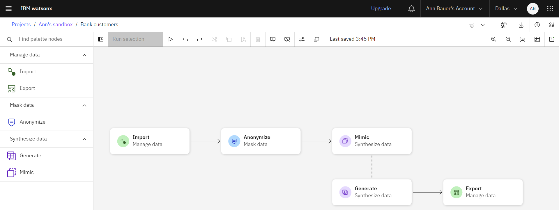 The following image shows the data flow open in the Synthetic Data Generator.