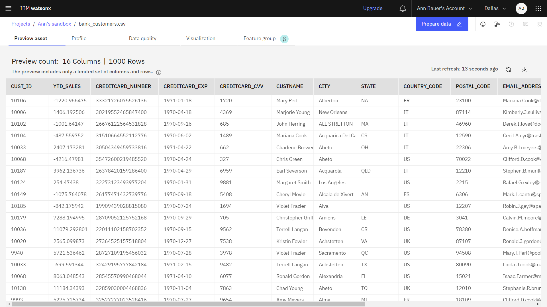 The following image shows the exported, generated synthetic tabular data set.