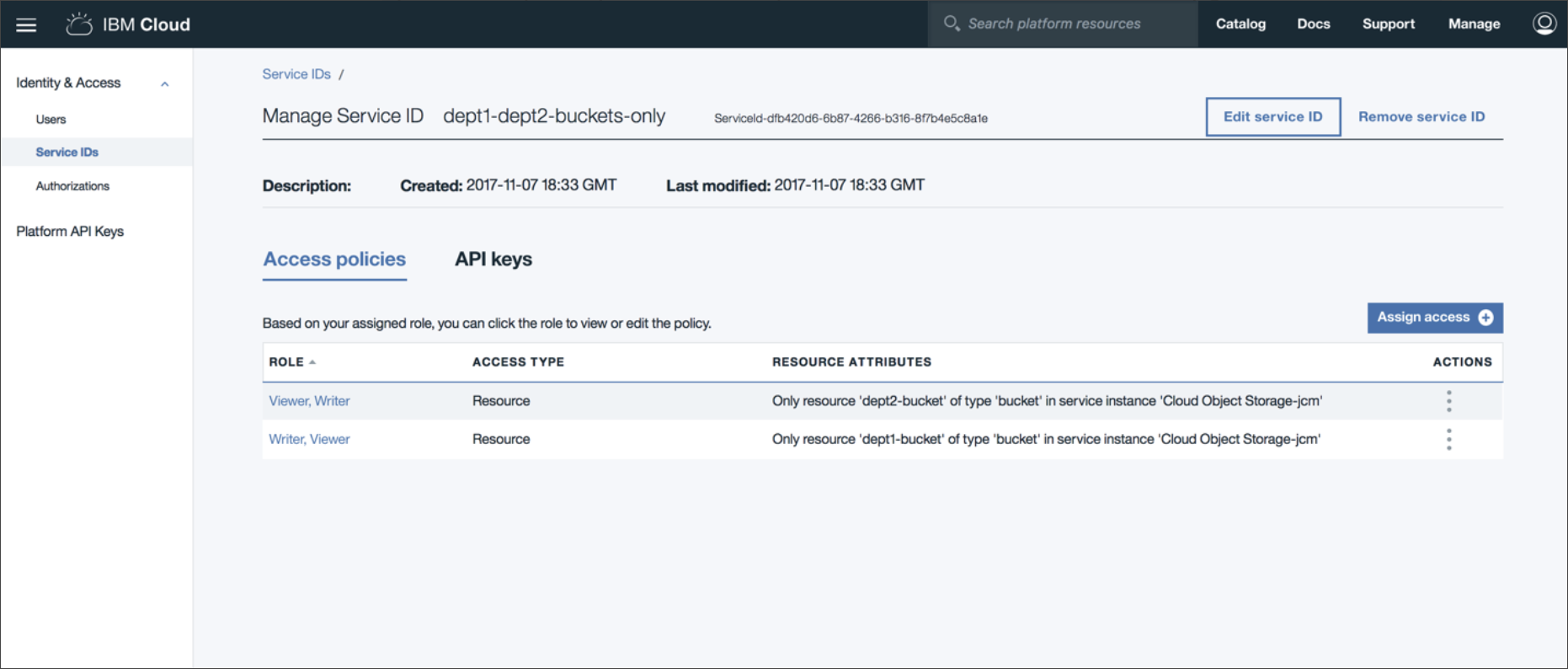 Access policies tab for the dept1-dept2-buckets-only service ID