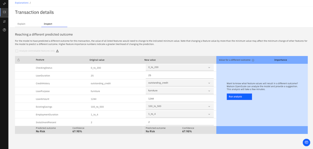 Transaction details on the inspect tab show values that might produce a different outcome