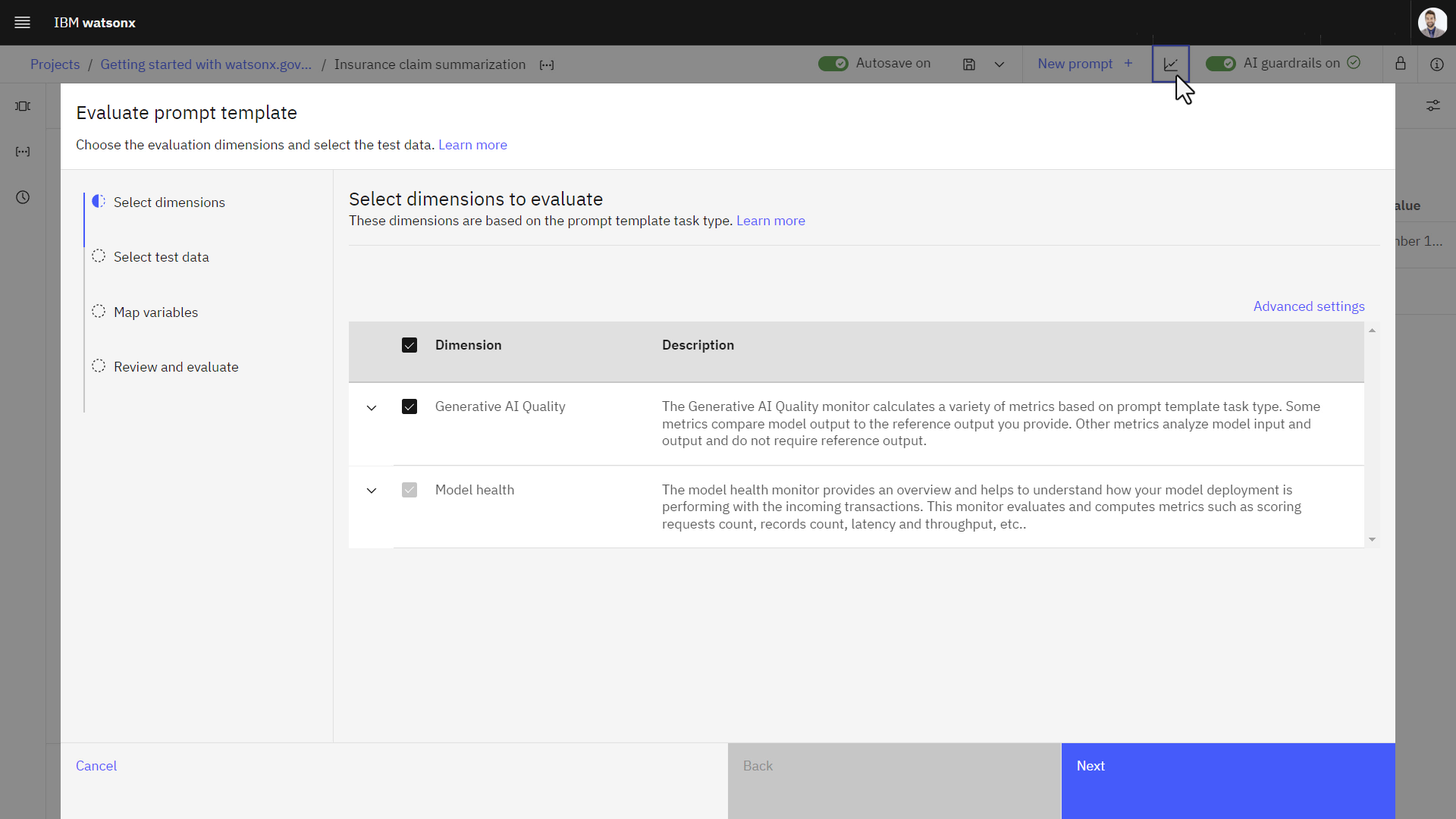 Select dimensions to evaluate