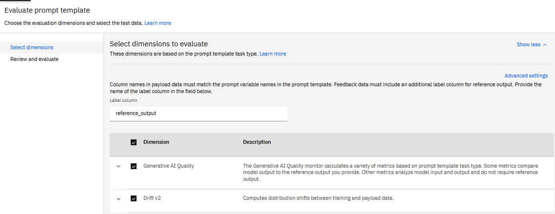 Select dimensions to evaluate