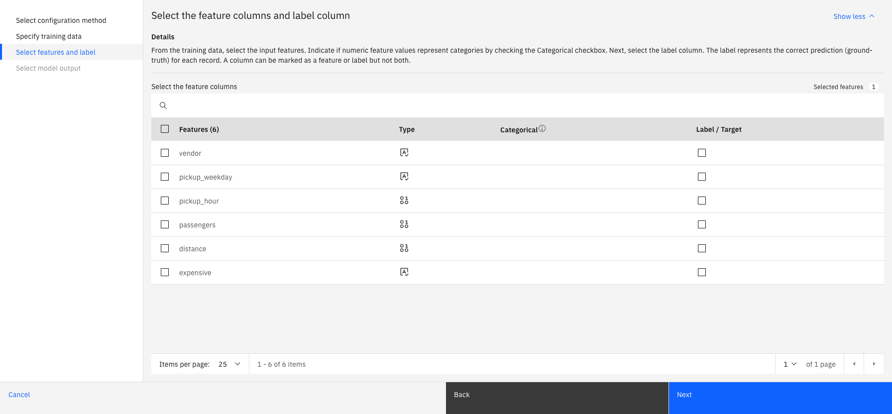 Select the feature and label columns